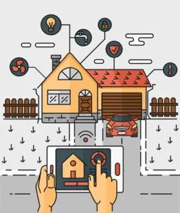 Vector line art illustration of an abstract scheme of the smart home, controlling through internet home work equipment. The concept of comfort and safety of a smart home.